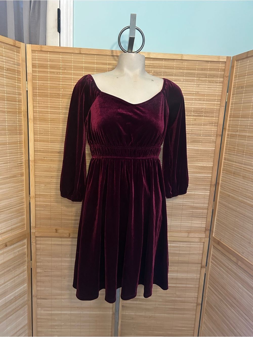 Celebrity Pink burgundy Velvet Puff Sleeve Smocked Waist Mini Dress woman’s S